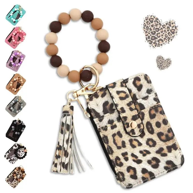 2026 Silicone bead pu leather key chain wristlet id credit card holder keychain wallet for women with bangle bracelet