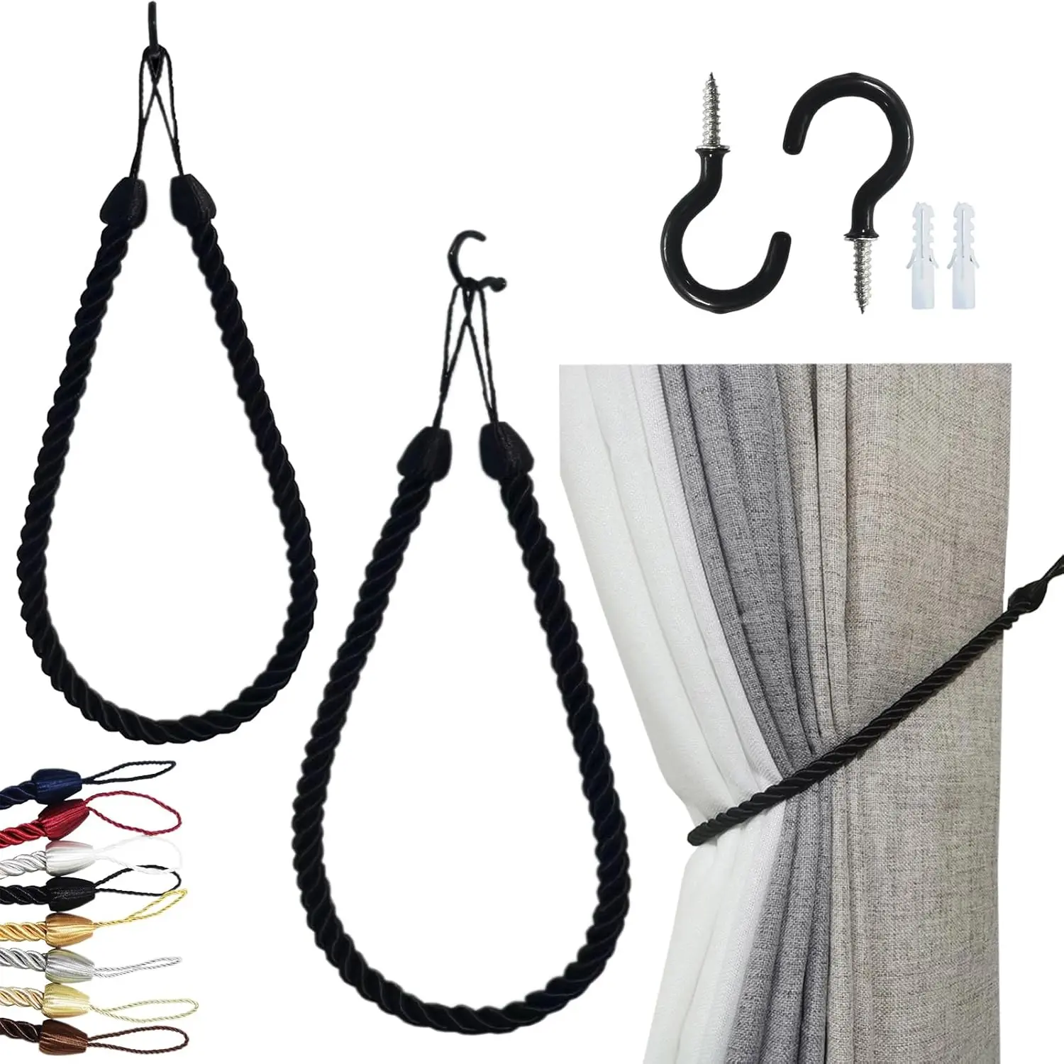 Curtain Tiebacks Ropes, Decorative  Tie Backs Curtain Holdbacks with 2 Metal Screw Hooks, Holders Cord for Thin or Thick Window Drapes Indoor Outdoor (Black, 2)