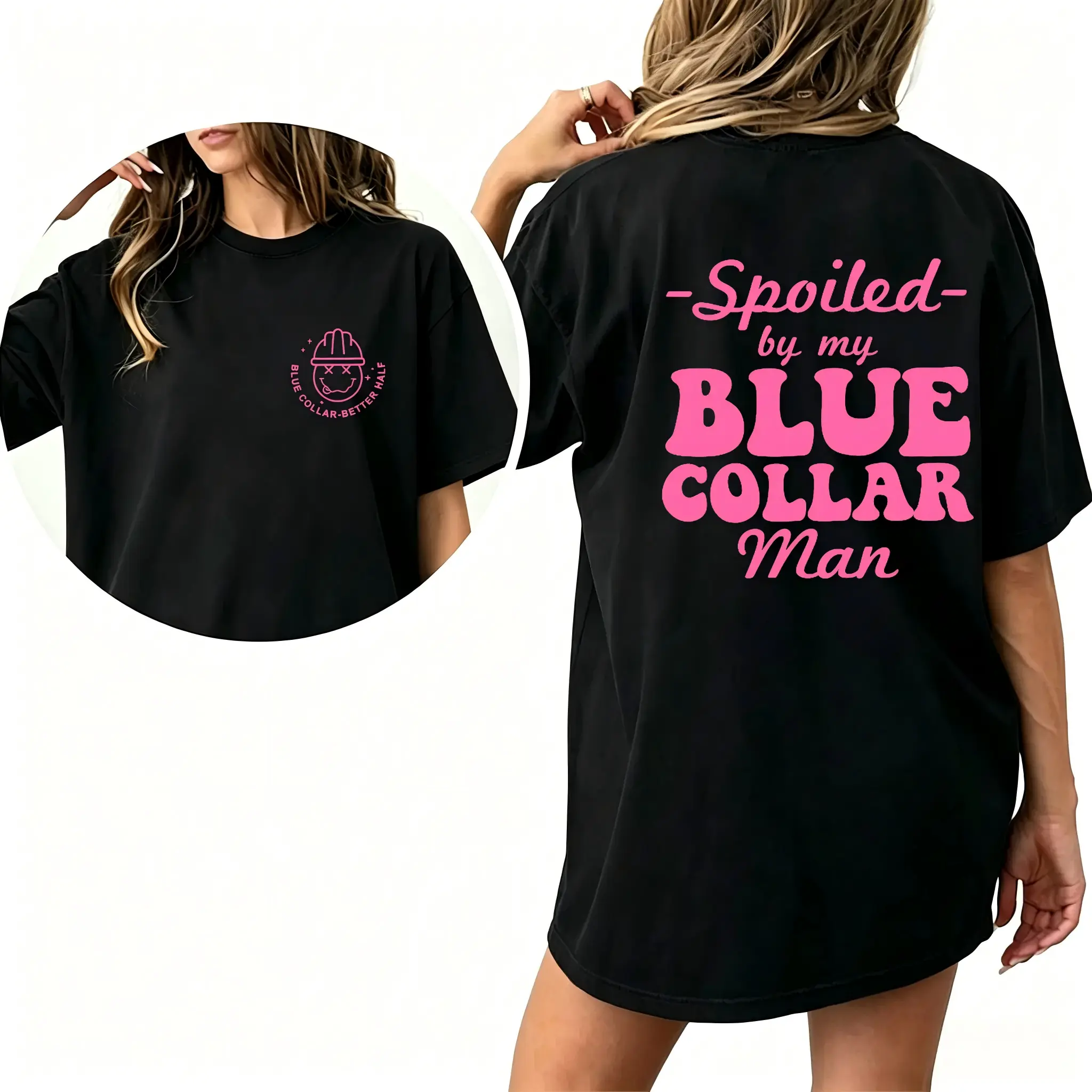 Women's Spoiled By My Blue-Collar Man Graphic T-Shirt - Breathable Soft Fabric, Casual Style Comfort Fit, Blue-Collar Wife Gift, Valentine's Day Funny Casual Sports Top