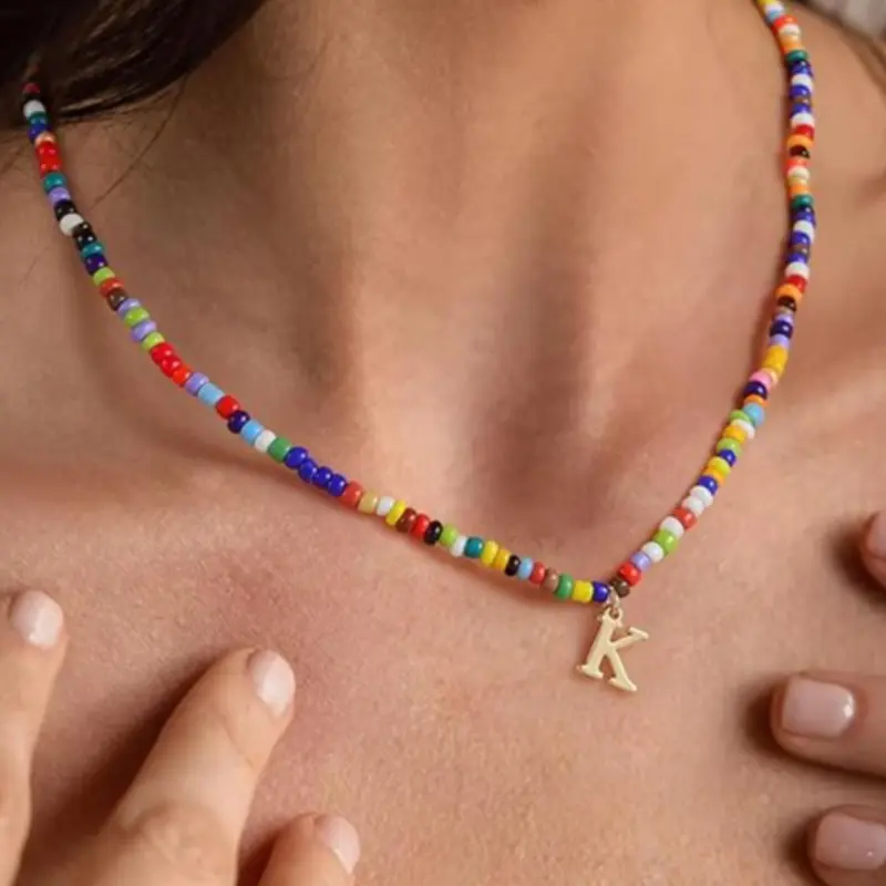 Colorful Beaded & Alphabet Pendant Necklace, Boho Style Letter Charm Alphabet Necklaces for Women & Girls, Fashion Jewelry for Party, Daily Decor, Trendy All-match & Exquisite Jewelry for Birthday Gift, Charms Necklace, Dainty Initial Necklaces