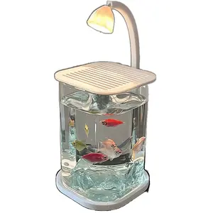 Glass Small Fish Tank with Ice Crystals Desktop Creative Ecological Betta Fish Tank Pearl Crushed Diamond Landscape Tank Set