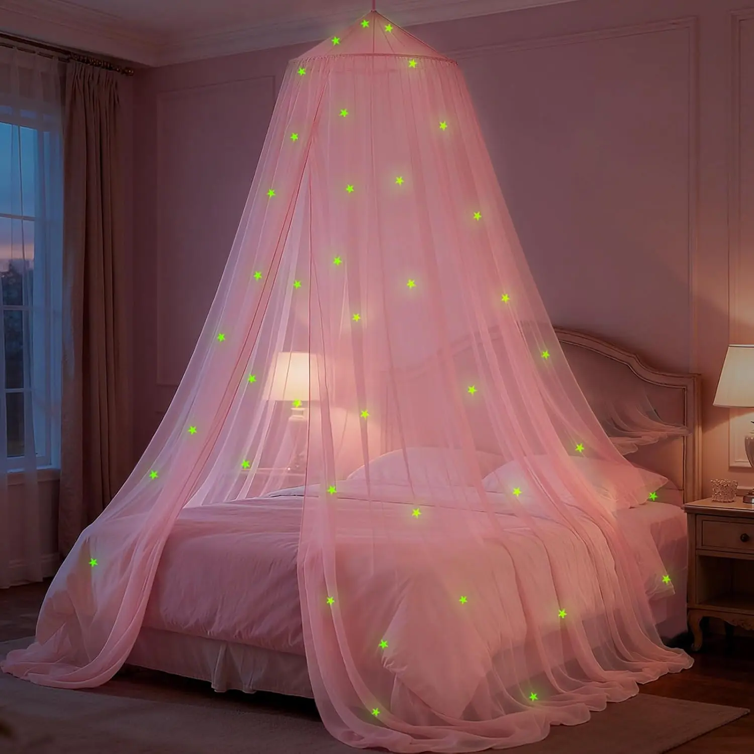 Pink Princess Bed Canopy for Girls with Glowing Stars, Canopy Bed Curtains for Twin, Full, and Queen Sizes; Ceiling Tent for Reading Nooks, Mosquito Net fo