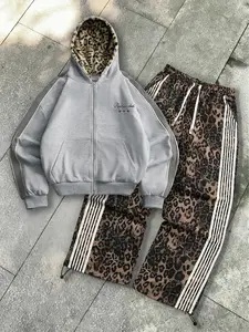 Unisex style. Street-style retro design, spring and autumn fashion leopard print fabric, soft and short hooded sweater, and thin striped leopard print pants. Luxurious, unique streetwear, casual attire, fashionable, outdoor, gift for back-to-school season