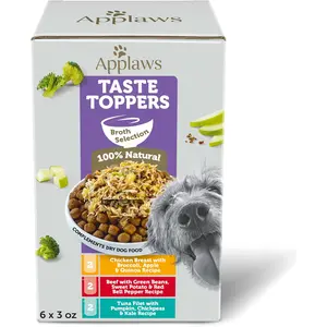Applaws Taste Toppers, Grain-Free Dog Food Topper, Limited Ingredient, Variety Selection in Broth (6 x 3oz Pouches)