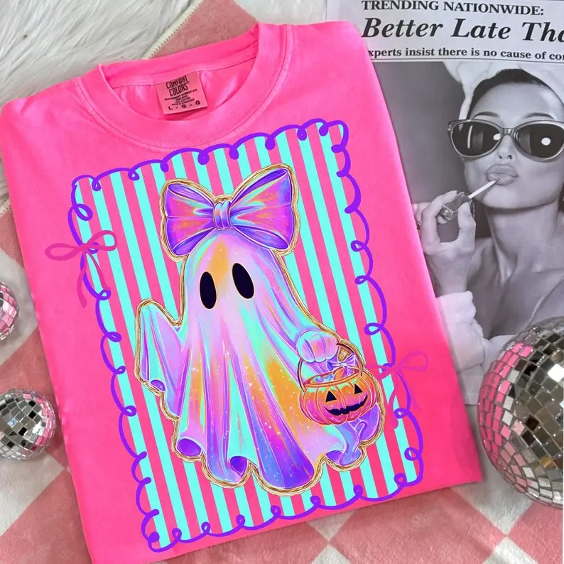 Comfort Colors Preppy Halloween Ghost Shirt, Cute Boo Ghost Coquette Tee, Floral Spooky Season Pumpkin Shirt, Girly Retro Halloween Apparel for Women