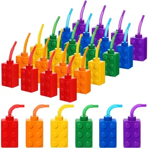 24 set building blocks cups 10 oz blocks reusable party favors cup plastic colored brick drinking with lids and straws for birthday party supplies favors decorations