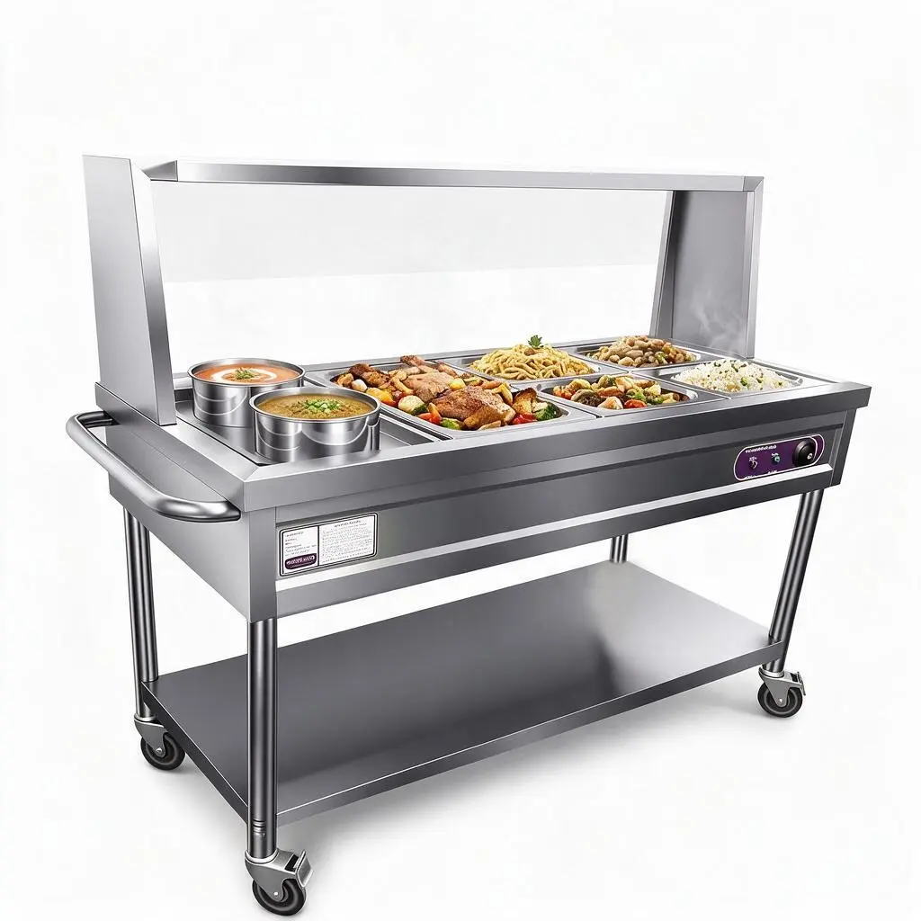 Commercial Buffet Warmer with 1L+4S Trays & 2 Pots, 30-110°F Electric Steam Table, 304 Stainless Steel Food Warmer Cart with Leak-Proof Edges and Anti-Dry Burn Protection for Catering Events