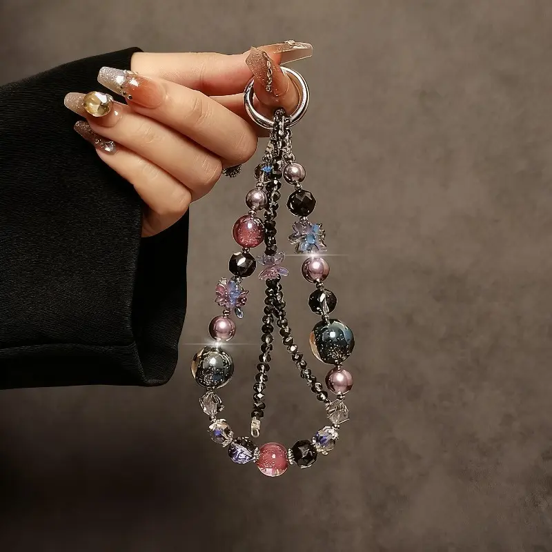 Luxurious and Premium Amethyst Beaded Wristlet Strap with Short Lanyard for Phone Cases, Car Keychains, and Bag Charms