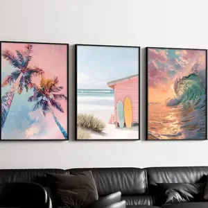 3pcs/set Coastal Summer Surf Canvas Wall Art Preppy Aesthetic Tropical Beach Painting Picture Wall Decor Palm Trees Surfboard Waves Poster Print Artwork for Bathroom Bedroom Living Room Home Decoration【UNFRAMED】