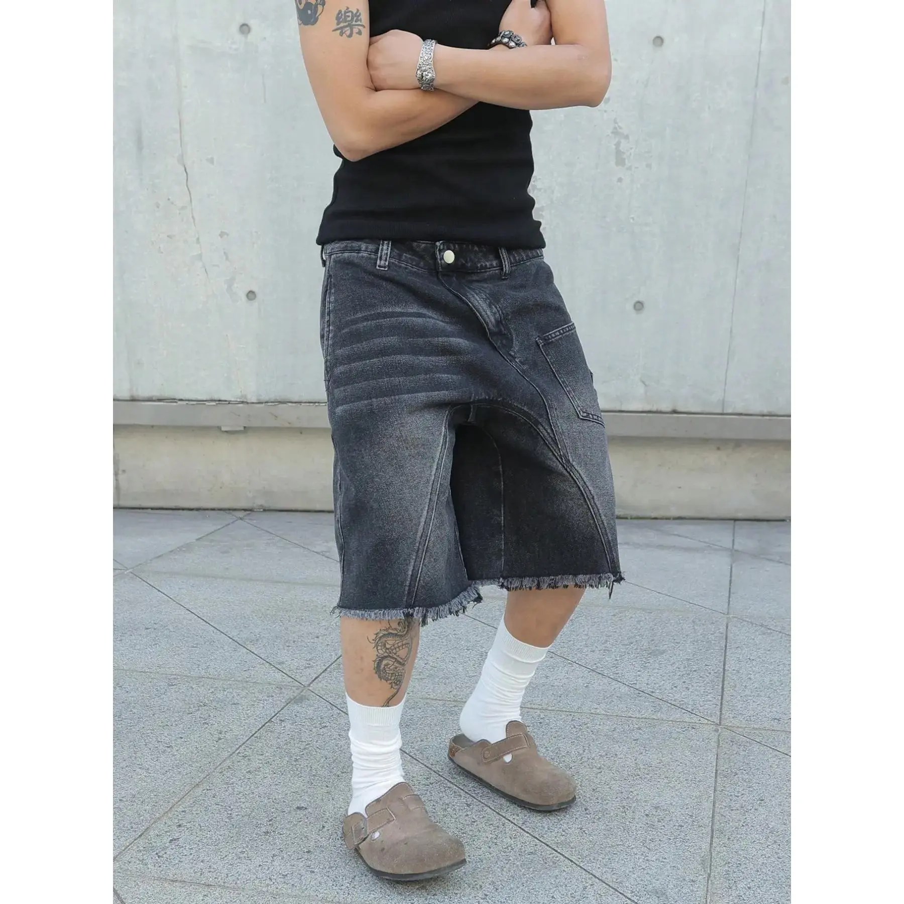 Men's Summer Denim Shorts, Casual Pocket Shorts, Vintage American Style, Trendy Irregular Asymmetrical Pockets, New Fashion Five-Quarter Pants, Breathable, Relaxed Fit, Comfortable