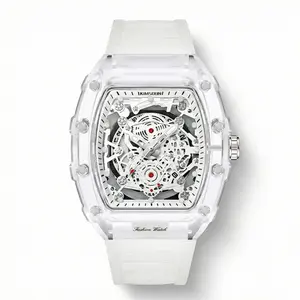 Men's Luxury Transparent Waterproof Barrel-Shaped Tonneau Skeleton Quartz Watch with Calendar Display & Luminous Markers Water Resistant Wristwatch for Daily Party & Outdoor Use Great Birthday Gift Idea with Tin Box Included