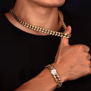 12mm Miami Cuban Link Bracelet 14K REAL Gold Plated Hypoallergenic Premium Stainless Steel Hip Hop Jewelry For Men Women Father Day Birthday Gift (No Color Fade, Double-sided Iced Out Clasp)
