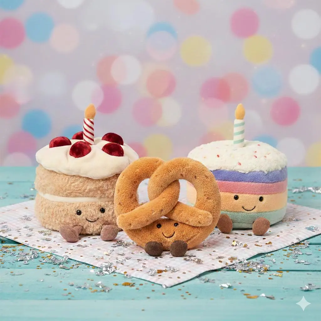 Jellycat Rainbow Birthday Cake and Pretzel Plush Toys, Cute Food Stuffed Animals, Collectible Gifts for Birthday and Christmas
