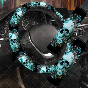 3Pcs/Set Teal Skull & Floral Car Interior Set, Car Interior Kit, Includes Steering Wheel Cover, Car Seat Belt Cover, No Inner Ring, Durable Material, For Women, Car Enthusiasts, Gift For Drivers.11.27QWA-1157@1158