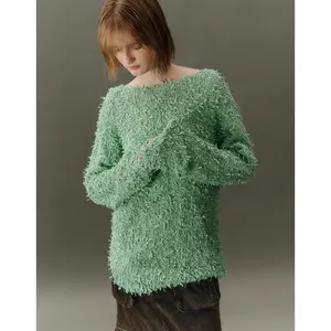 URBAN REVIVO 2026 Spring Lady's Oversized Shaggy Fuzzy Casual Knitted Sweater - Round Neck, Long Sleeve, Cotton-Polyester Fabric Top, Women's Knitwear Clothes UWJ940010