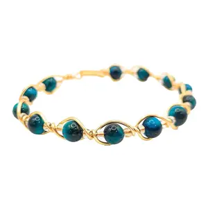 Crystal Agate Bracelet Chakra Blue Tiger's Eye Bracelet - 6mm Beads | Natural Gemstone Manifestation Bracelet |  - Cyan Blue Tiger Eye Wire Wrapped with 6mm Beads for Clarity Courage and Inner Strength, Unisex Design Tigers Eye Natural Crystal Bracelet