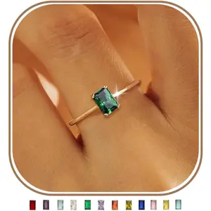 Mothers Day Gifts Gold Birthstone Rings for Women Non Tarnish 14K Gold Plated Stackable CZ Thumb Eternity Rings Dainty Emerald Green Gemstone Engagement Ring for Mom Birthday Jewelry Size 6-10