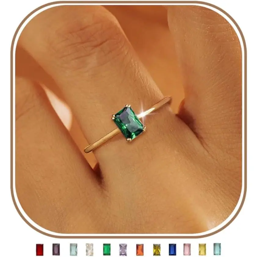 Mothers Day Gifts Gold Birthstone Rings for Women Non Tarnish 14K Gold Plated Stackable CZ Thumb Eternity Rings Dainty Emerald Green Gemstone Engagement Ring for Mom Birthday Jewelry Size 6-10