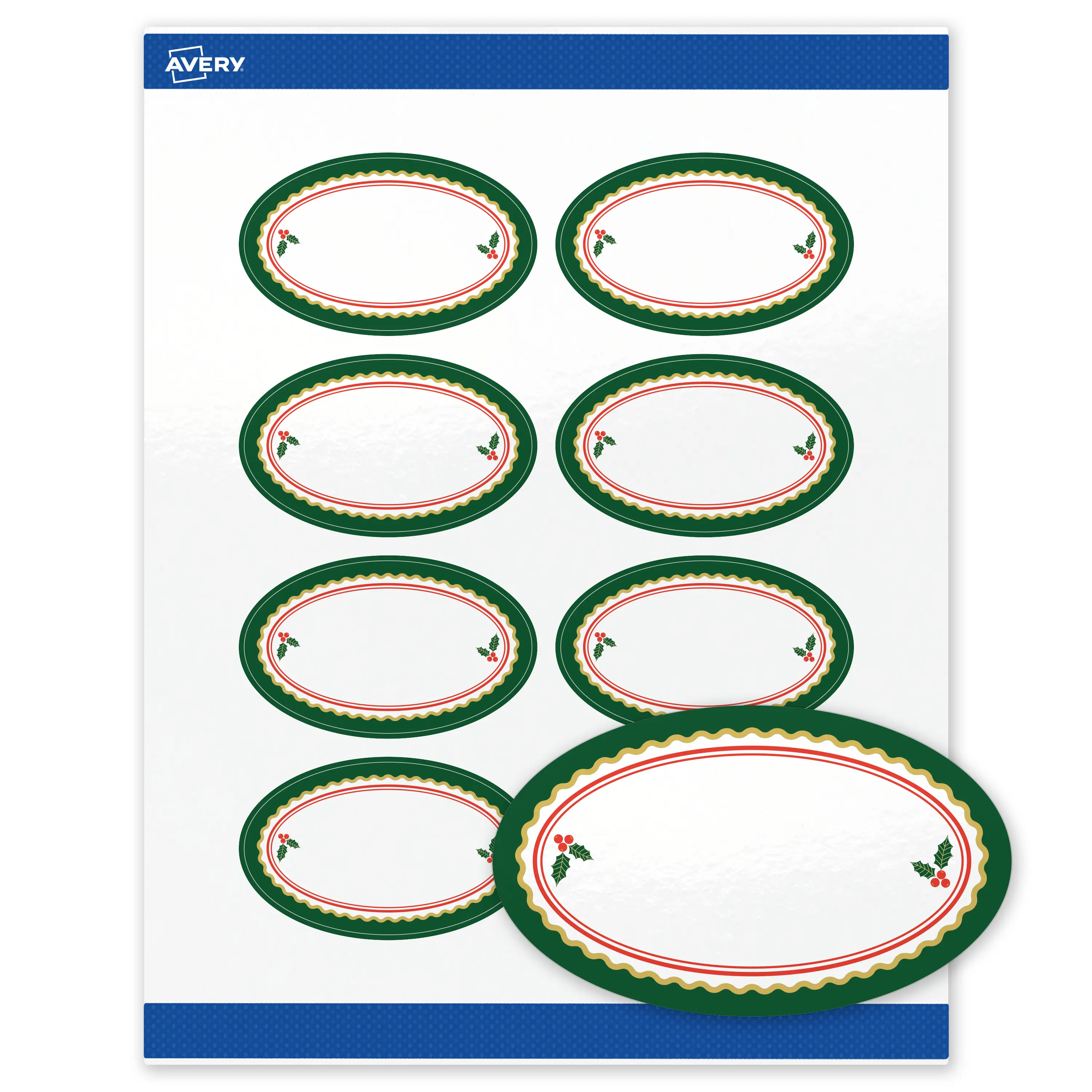 Avery® Printable Oval Labels, 2" x 3-1/3", Glossy White, Pre-printed Scalloped Metallic Gold & Holly Frame Design, Sure Feed® Technology, Laser/Inkjet Compatible, 80 Total