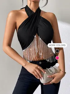 Women's Rhinestone Fringe Trim Criss Cross Halter Crop Top, Elegant Fashion Tie Back Backless Sleeveless Top for Party Club Dating Wear, Ladies Summer Clothes