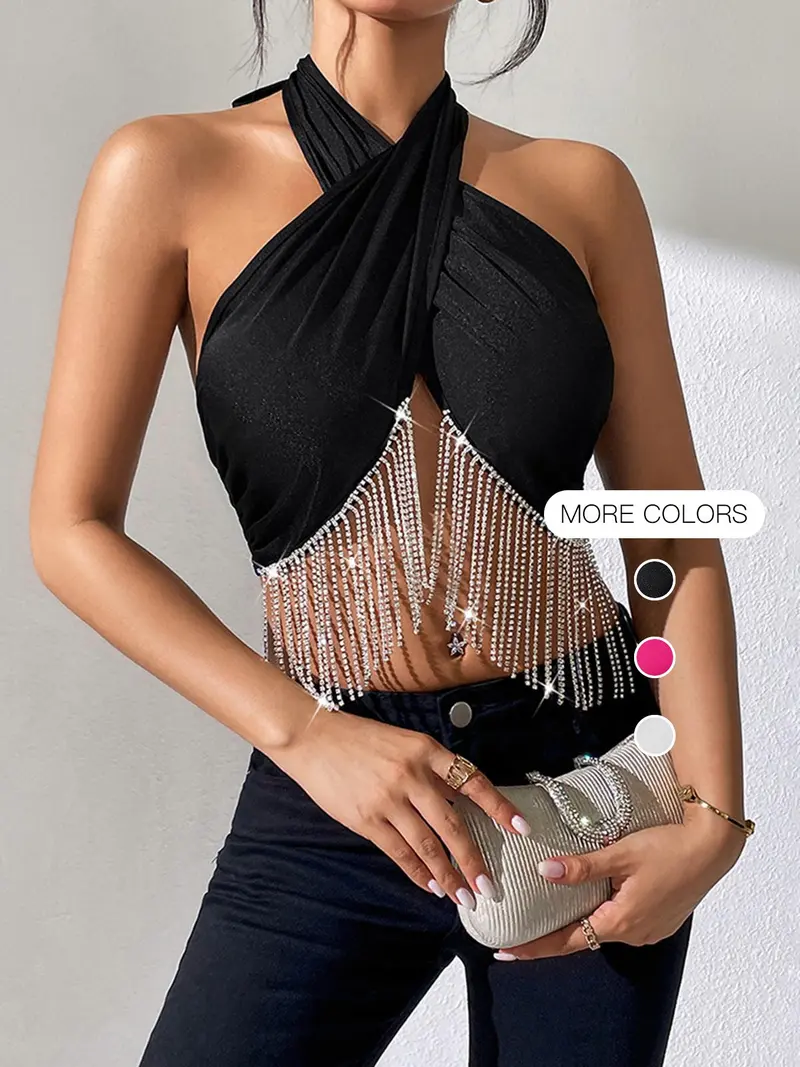 black rhinetsone halter neck top - TikTok Shop