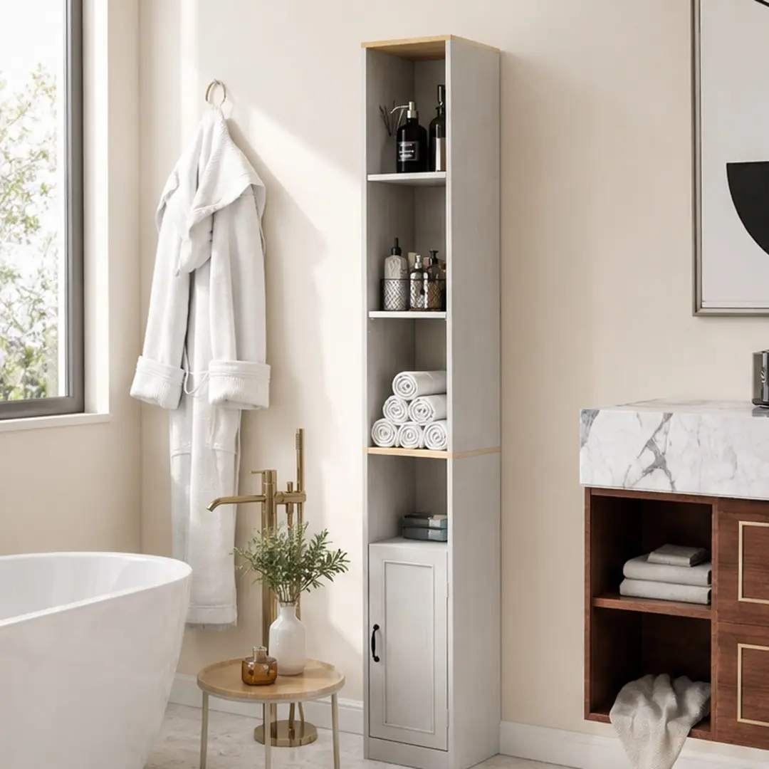 ARCH E1 Grade MDF Freestanding Storage Cabinet, 72.04" Tall 6-Tier Narrow Antique White 1-Door Unit (11.81" W x 9.44" D x 72.04" H, 33.53 lb) with 2 Adjustable Shelves, Assembly Required Organizer for Living Room, Bathroom (Holds CDs, DVDs, Books, Decor),