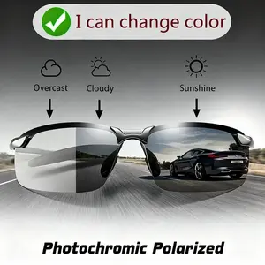 Photochromic Polarized Fashion Glasses - Frameless Photochromic Lenses Unisex, Retro Half Metal Frame, Blue Light Filter, Sport Style, Suitable for Outdoor Outings HD Polarized Sunglasses
