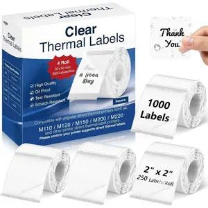 1000 count 2" x 2" Transparent Square Thermal Labels Self-Adhesive Clear Direct Thermal Stickers Blank Sticker Rolls Thermal Printer  Printer Sticker Labels for Inkjet M110 M120 M150 M200 M220