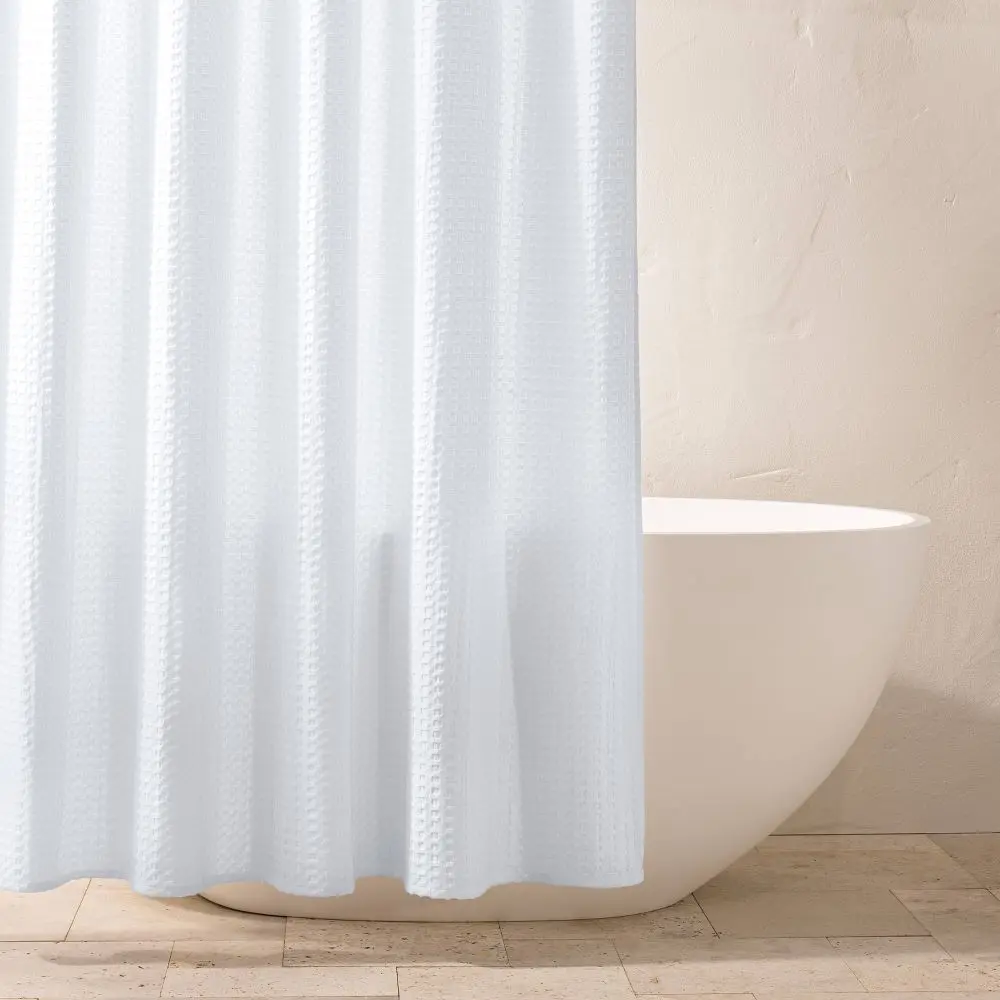 Waffle Shower Curtain White - Casaluna: Cotton Blend Machine Washable Buttonhole Top OEKO-TEX Certified