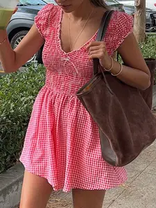 Plaid Short Sleeve Gathered Waist Summer Jumpsuit Dress Romper, Women's Casual One-Piece, Comfortable and Stylish