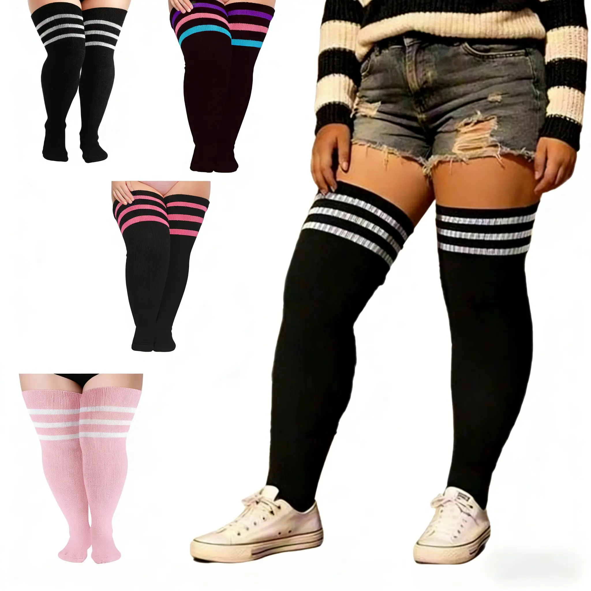 Women's Stockings, Plus Size Thigh Highs Socks with Stripes for Thick Thighs-Leg Women's Stockings, Plus Size Thigh Highs Socks with Stripes for Thick Thighs-Leg