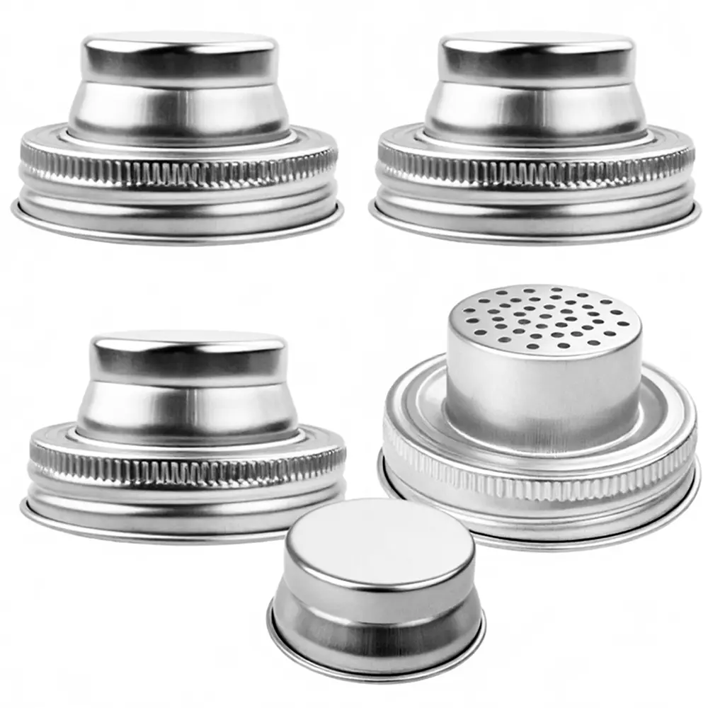 4-Piece Stainless Steel Leakproof Mason Jar Lids - Regular Mouth Kitchen Sewing Accessories with Anti-Slip Ribbed Edge, Silicone Seals, 74mm Size, Built-In Strainer for Spice, Pepper Shaker Use