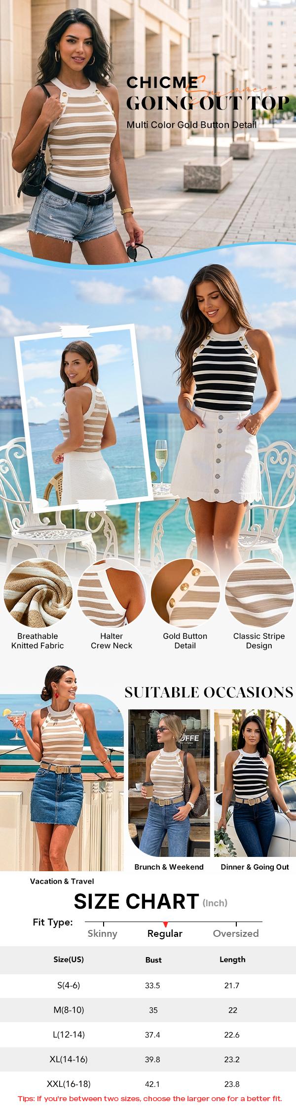 ChicMe Women's Striped Halter Golden Button Decor Tank Causal Sleeveless Breathable Knit Top