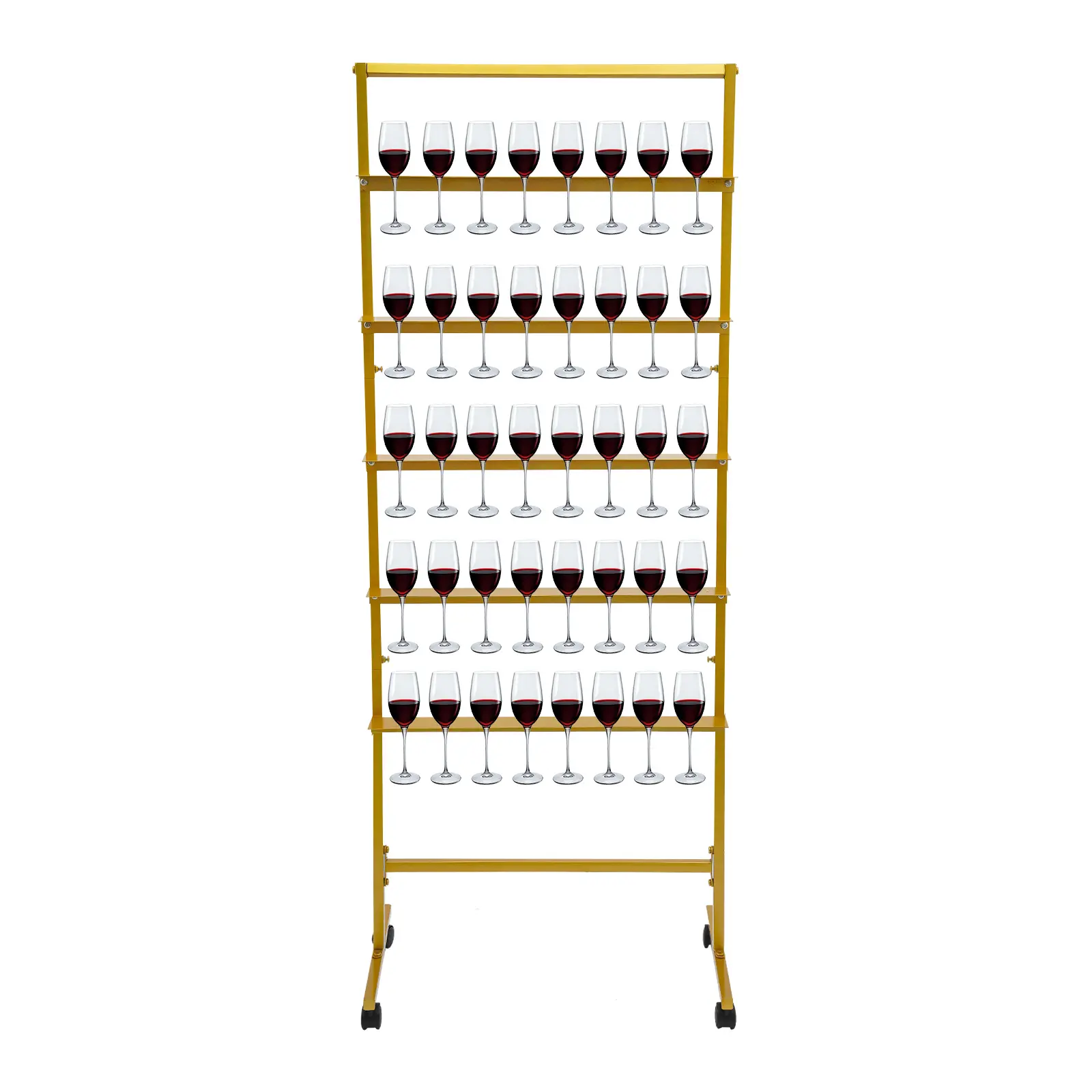 CNCEST Champagne Glass Holder for Party 5-Tier Metal Display Stand with Swivel Casters Elegant Gold Modern Style Steel Wine Glass Rack for Up to 40 Glasses