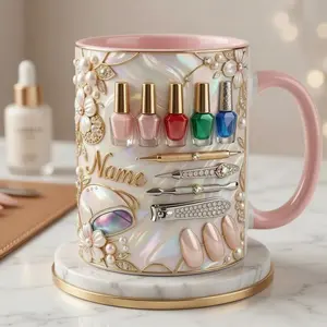 Custom Name Nail Tech Mug 2D Printed 3D Effect Coffee Mug 3D Nail Art Design Ceramic Cup for Manicurist Nail Technician Beauty Lover Gift for Women Girls Salon Owner Birthday Appreciation Gift Idea