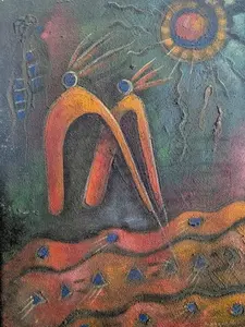 Denise Mangones “Les Indiens” Haitian Art Encaustic Mixed Media Canvas 14x11