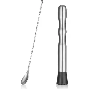 Stainless Steel Cocktail Muddler & Long Handle Stirring Spoon 2-Piece Set - Professional Bartender Tools for Mojitos, Fruit Drinks & Cocktail Mixing