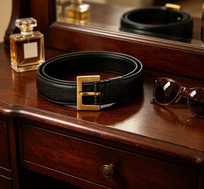 Black Leather Belt with Gold Buckle, Classic Textured Waist Belt for Women, Versatile Slim Belt for Jeans & Dresses