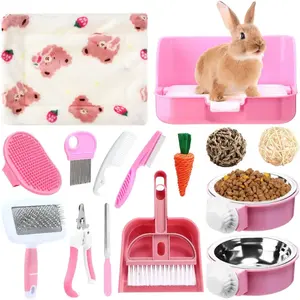 15-Piece Rabbit Starter Kit with Small Litter Box, Animal Grooming Set, Bunny Toys, Bowl, Blankets and Cleaning Supplies for Guinea Pigs (Pink) fathersdaygiftideas