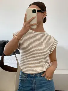 Women's Knitted Textured Round Neck Short Sleeve Striped Casual T-Shirt, Elegant Daily Wear Top, Simple and Stylish Design