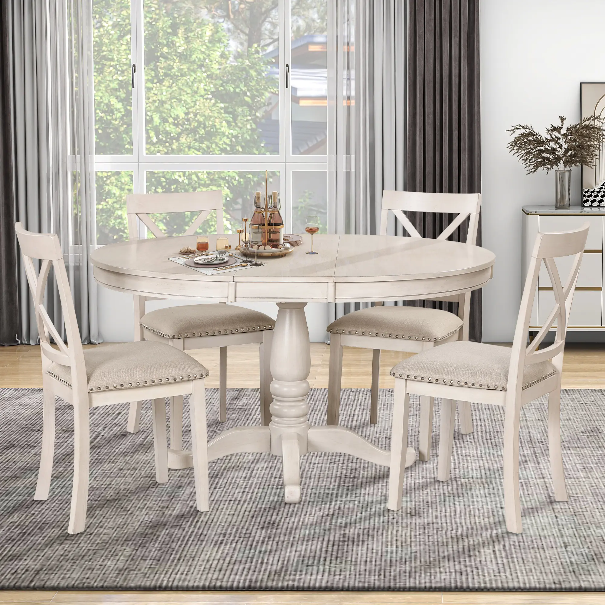 Voohek Kitchen Dining Set, 5-Piece Round Wood Table and Chair, Extendable Classic Family Furniture for Dinette, Compact Space