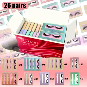 BTLLSSH 26 Pairs False Eyelashes Limited Festival Gift Set Russian Strip Lashes Curly Natural Look 16mm Curl Mink Eyelash Extension Cat Eye Style Faux Lash Extensions Kit - Makeup Wispy