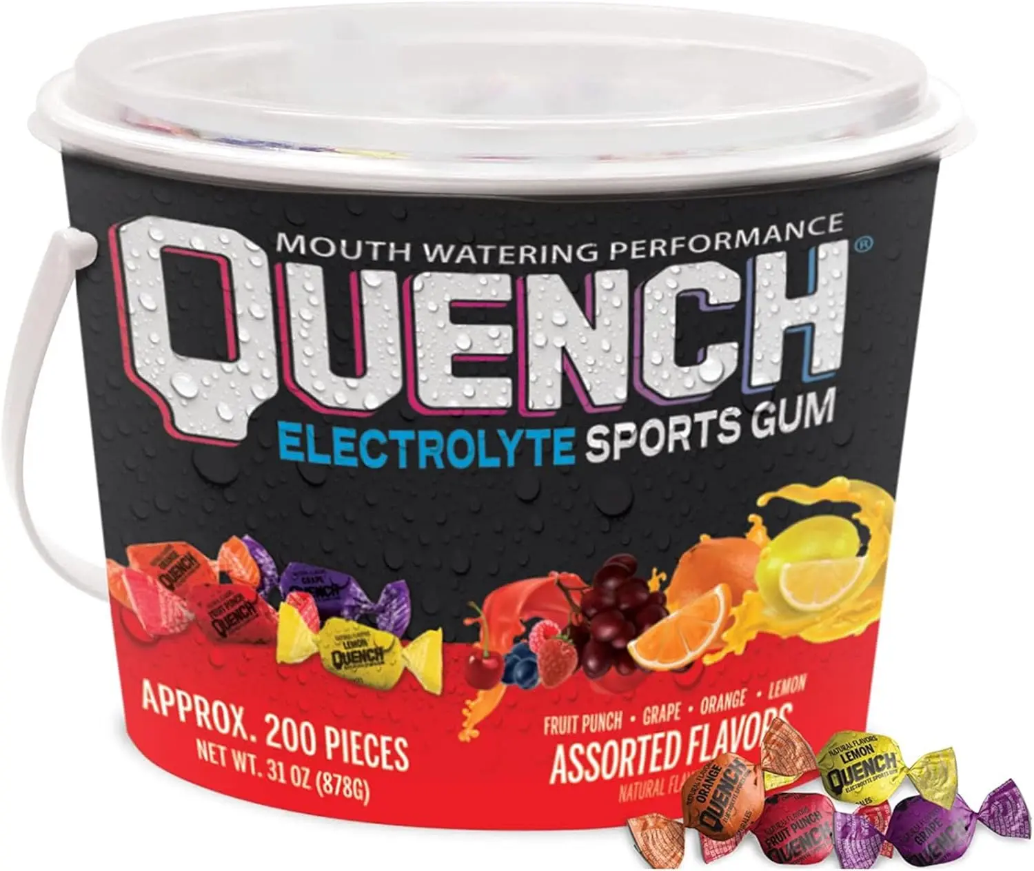 (Pack of 1) Quench Chewing Gum Bucket, Natural & Sour Fruit Variety Flavors, 200 Pieces