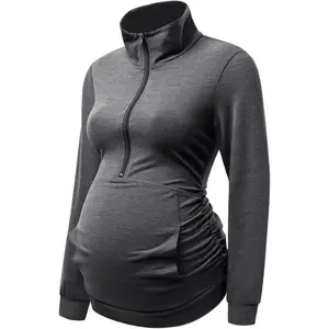 Maternity Shirt with Pocket Women's Lapel Top Casual Pregnancy Long Sleeve Zipper Sweatshirt maternity  joggers maternity bottom maternity yoga