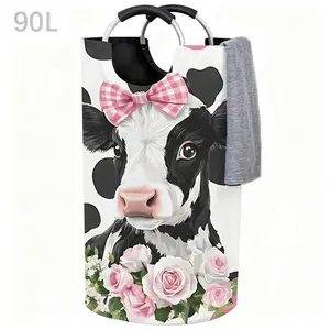 Cow Flowers Laundry Basket With Padded Handle - Oversized Foldable Clothing Storage Basket, Portable Durable And Easy To Store, Adorable Laundry Basket, Suitable For Bathroom, Bedroom, Living Room, And Laundry Room Holiday Gift- 90L
