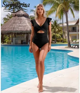 Briza｜Women's One Piece Swimsuit Tummy Control Cut Out Bathing Suit, Ruffle Sleeve Ribbed Swimwear, Ruched Shapewear Swimsuit For Women, Black Vacation Bathing Suits For Women, Women's Swimwear, Bathing Suit for Women, Ruffle Style