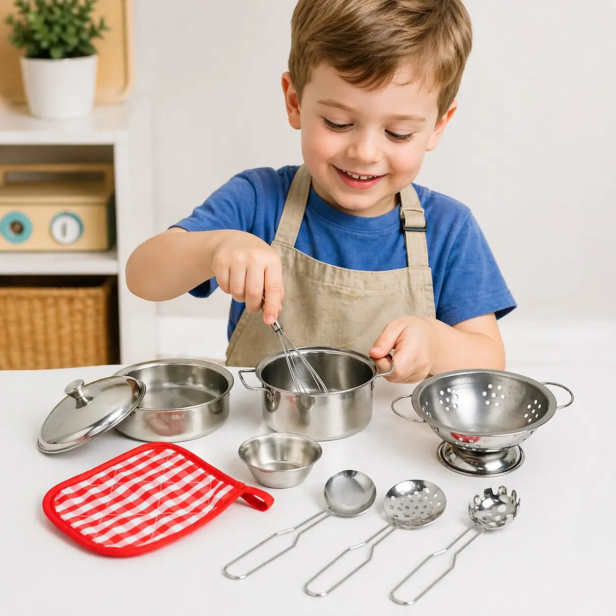 1 Set Kids Stainless Steel Cooking Utensils Set – Pretend Play Pots, Pans & Kitchen Accessories for Toddlers, Toddler Cooking Playset
