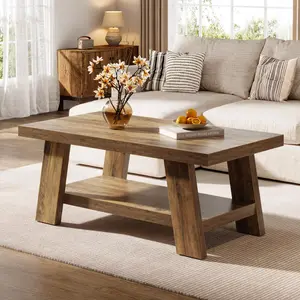 TRIBEWOOD Farmhouse Coffee Table, Rustic Coffee Tables for Living Room, 47.24" Rectangular Wood Living Room Tables, 2-Tier Center Table with Storage for Apartment, Bedroom, Office