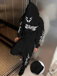 Men's Dark Thorn Fang Print Hoodie Set, Fitted Warm Long Sleeve Hooded Sweatshirt with Elastic Waist Pants, Comfortable Fall & Winter Street Style