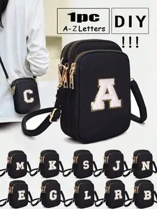 Women's Casual Crossbody Bag, DIY Letter Patches, Nylon Zip Closure, Adjustable Strap, Lightweight Phone Wallet, Ideal for Travel & Gifts